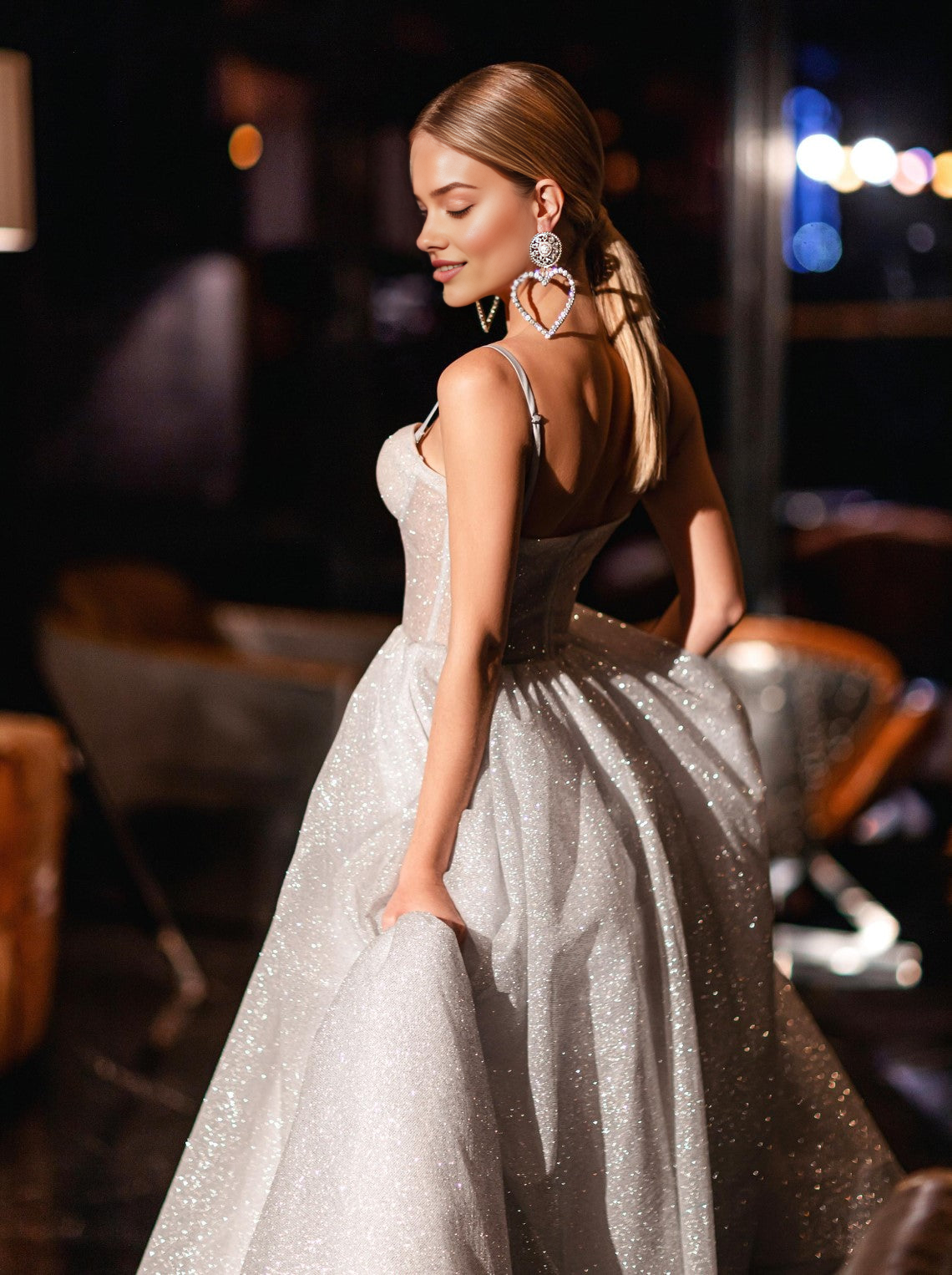 Vestido de gala de sirena sin tirantes con lentejuelas brillantes y abertura alta, vestido de fiesta formal de tul corte A de princesa