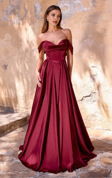 Vestido de Noche de Satén Escote Cascada Hombros Descubiertos Corte Evasé con Abertura Alta - Vestido Formal para Fiesta de Graduación e Invitada de Boda