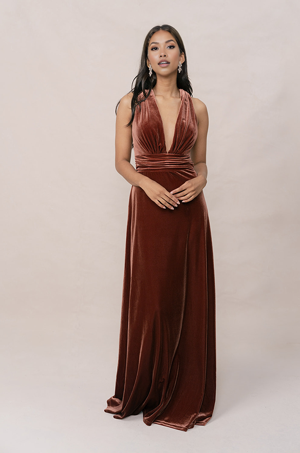 Women's Velvet Deep V-Neck Floor length Bridesmaid Dress with Crisscross Low Back Versatile for Formal Weddings