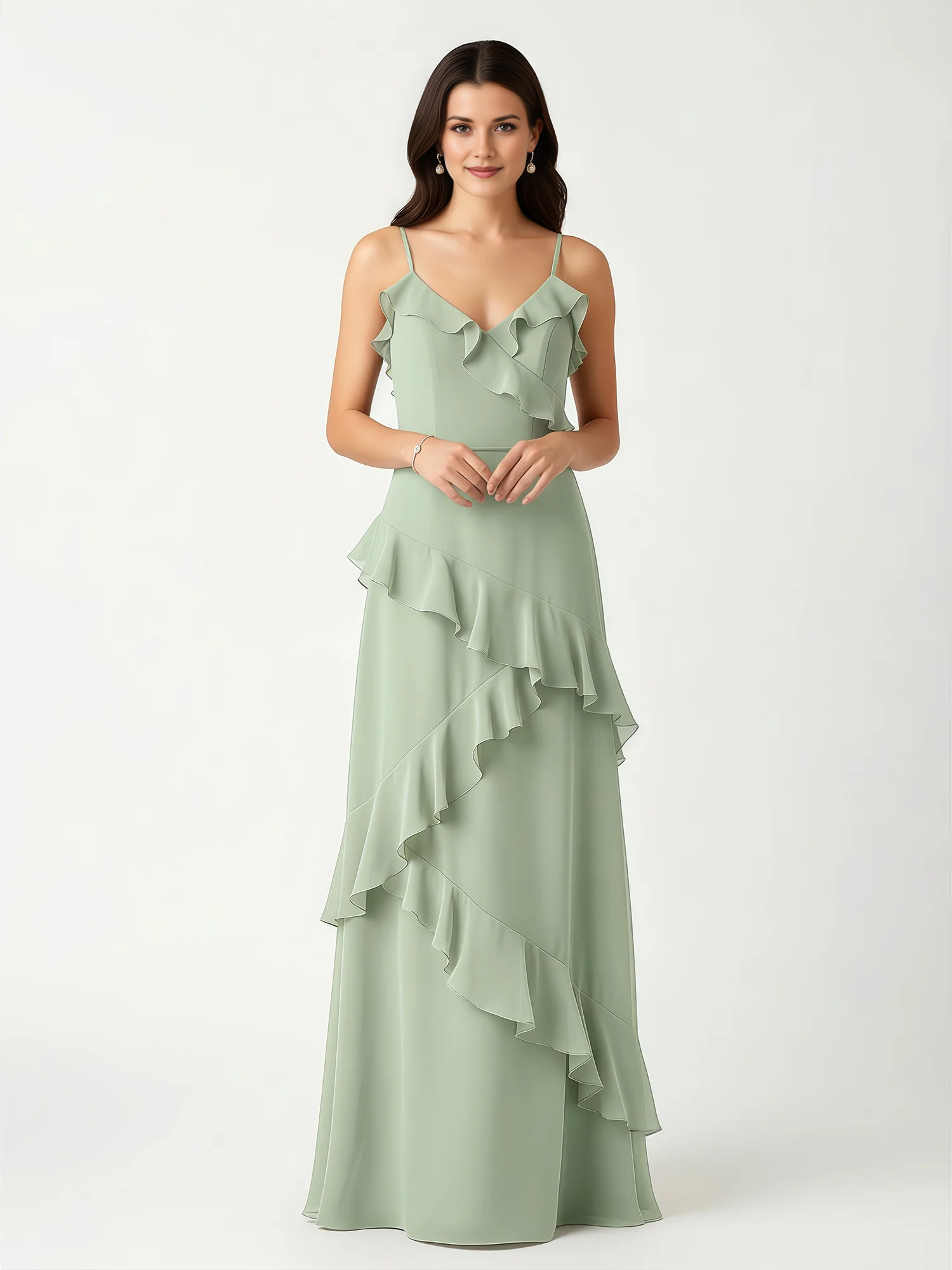 Vestido largo de dama de honor de chifón con cuello de pico, tirantes finos y volantes asimétricos