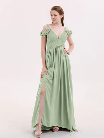 Off Shoulder Draped Strap Deep V Ruched High Slit Chiffon Bridesmaid Maxi Dress with Back Train