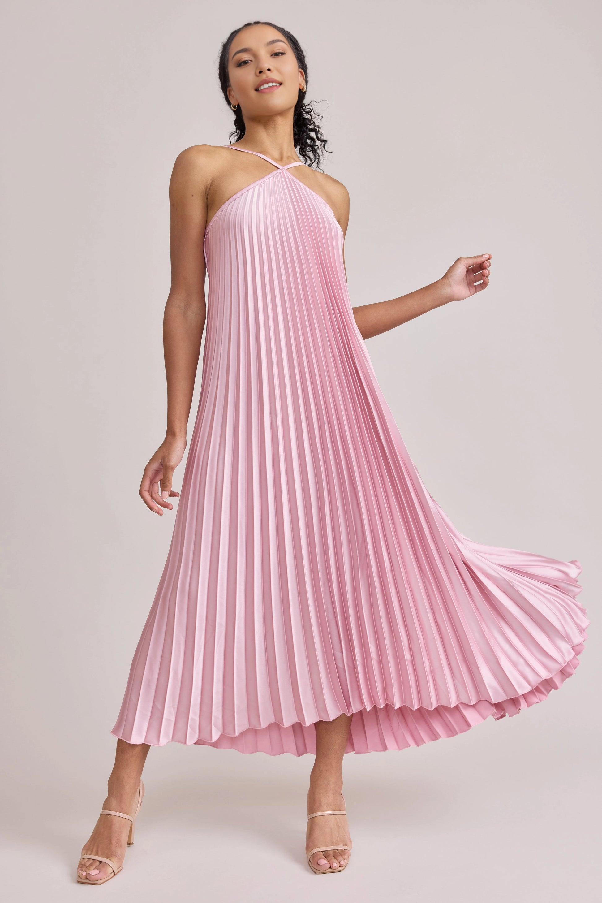 Vedress soft pink satin pleated halter sleeveless a line midi bridesmaid dress front view