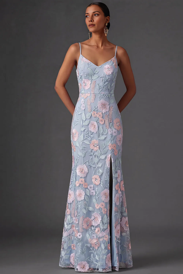 Spaghetti Strap V-Neck Floral Embroidered Tulle Mermaid Maxi Dress with High Slit