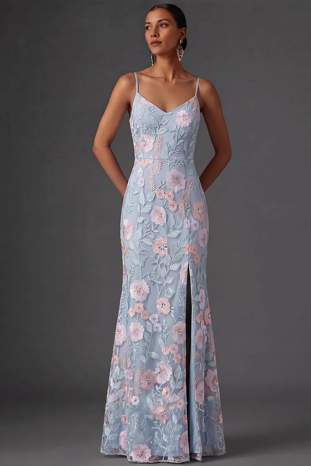 Spaghetti Strap V-Neck Floral Embroidered Tulle Mermaid Maxi Dress with High Slit