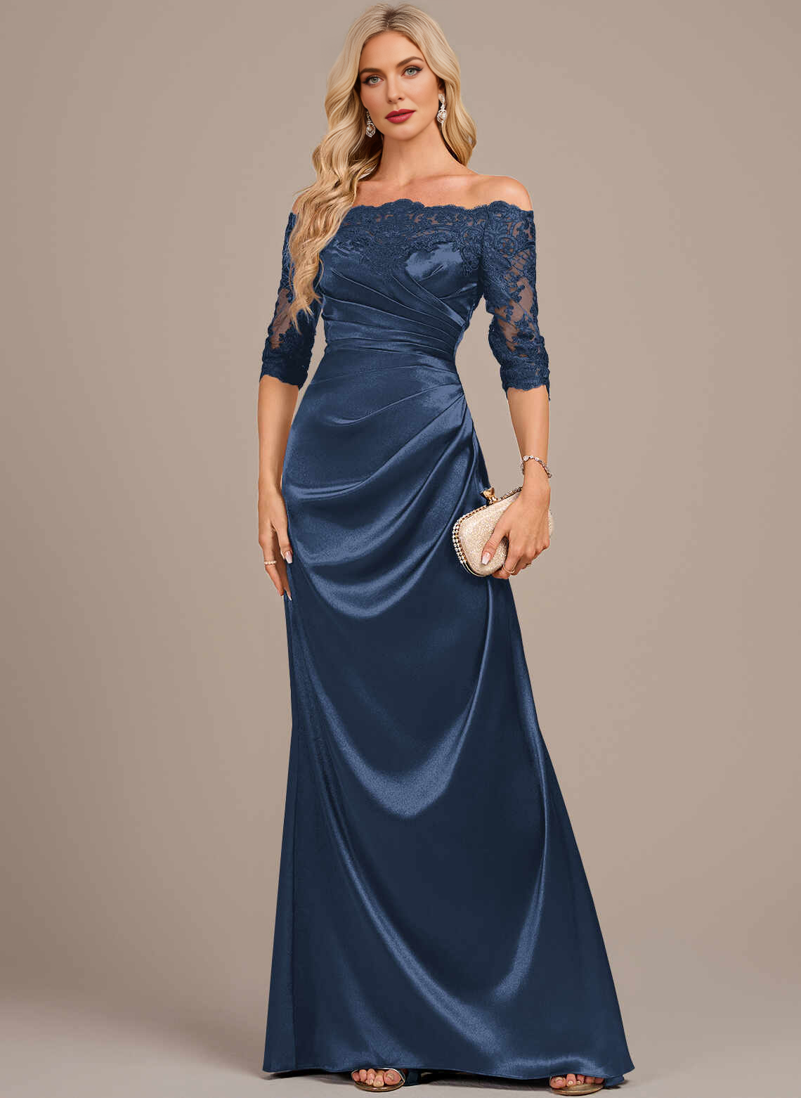 Glam Mermaid Off‑The‑Shoulder Lace 3/4 Sleeve Zipper Back Floor‑Length Mother Of The Bride Dress