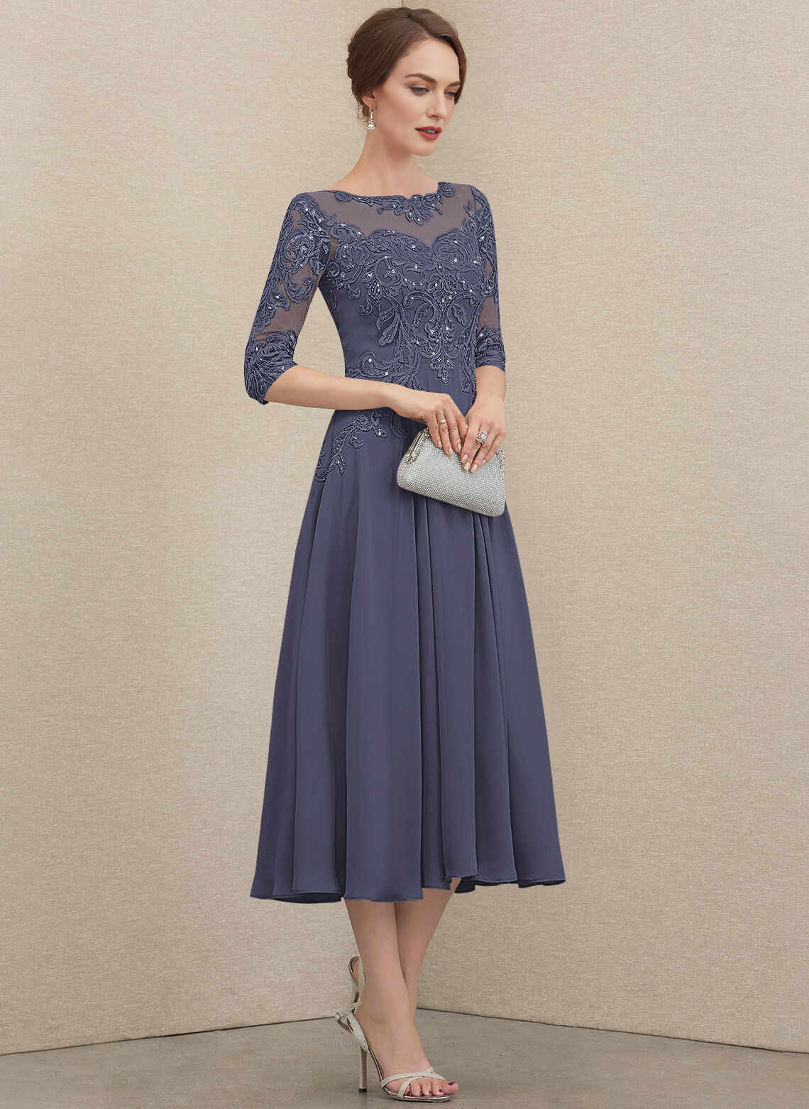 Chic A‑Line Illusion Neck Lace 3/4 Sleeve Zipper Back Midi Mother Of The Bride Dress