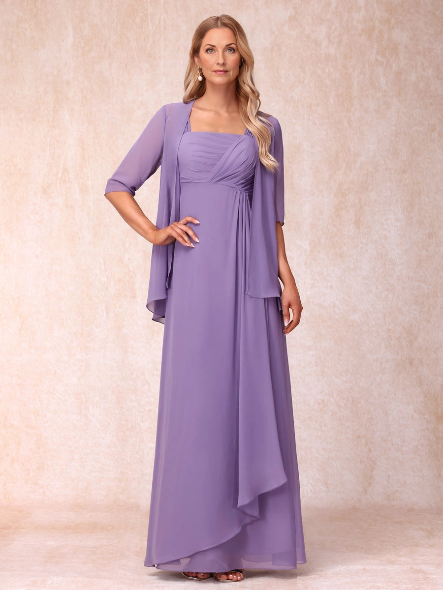 Back view of lavender chiffon mother of bride dress, open back sheer chiffon overlay jacket, long flowing skirt vedress