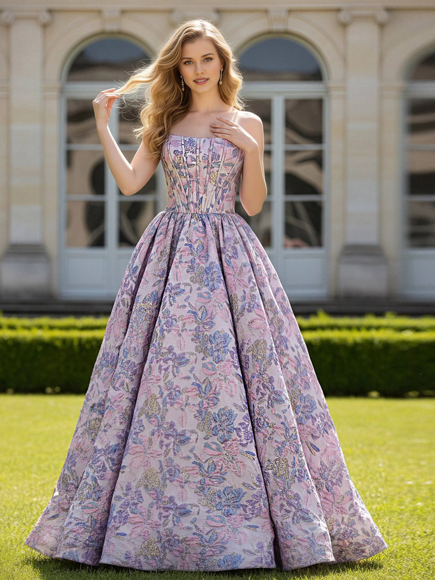 Strapless Floral Jacquard Ball Gown - Corset Bodice Formal Prom & Wedding Guest Dress