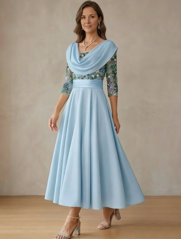 Elegant Floral Lace Cowl Neck 3/4 Sleeve Open Back Midi Formal Dress Satin Mother of the Bride Dresses