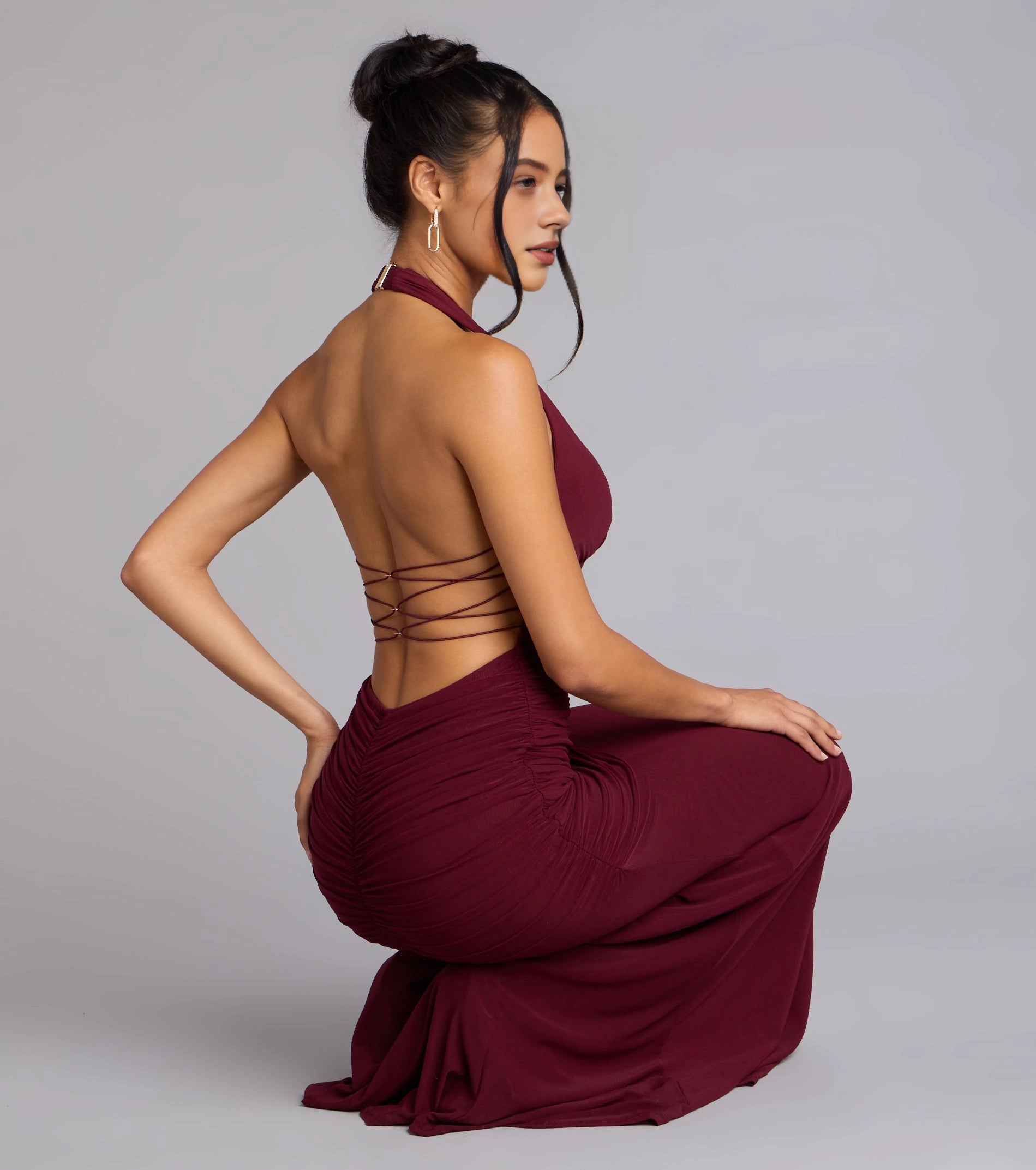 Burgundy Mermaid Halter Lace‑Up Back Long Prom Dress 