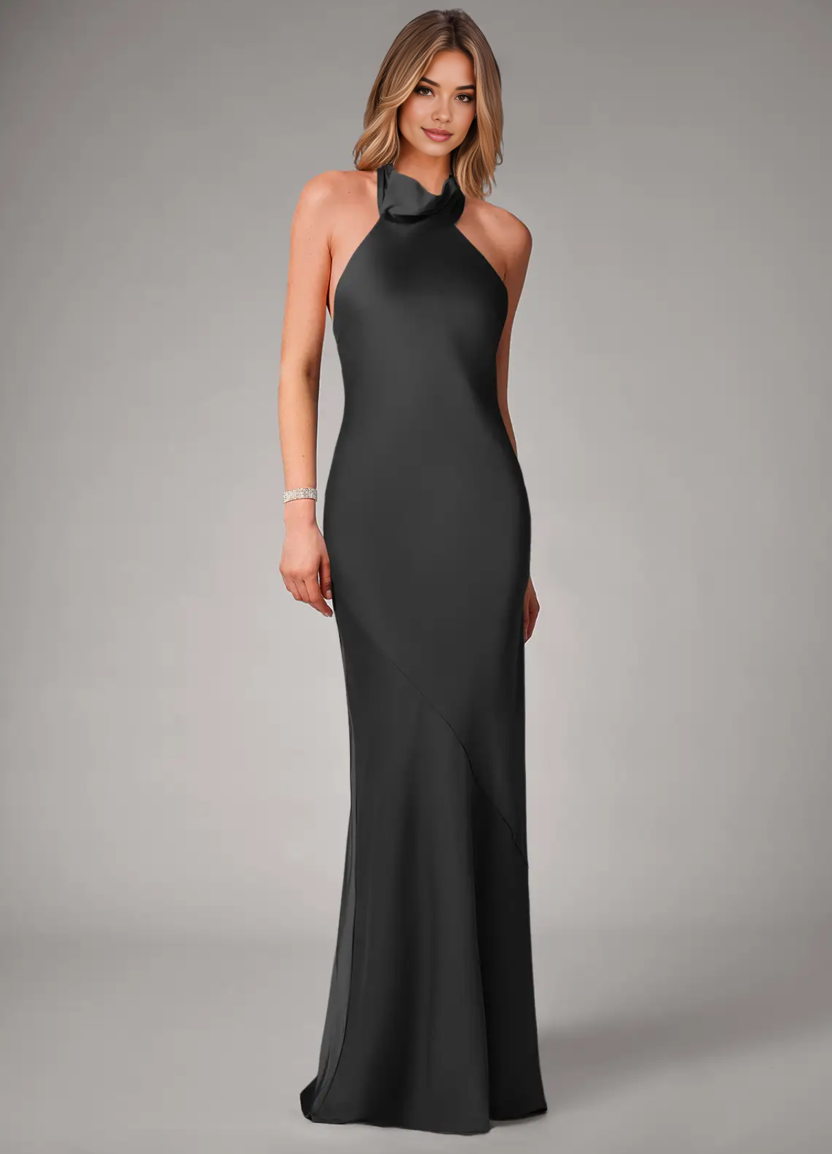 Elegant Open Back Evening Dress Halter Neck Mermaid Bridesmaid Dresses with Dramatic Back Bow