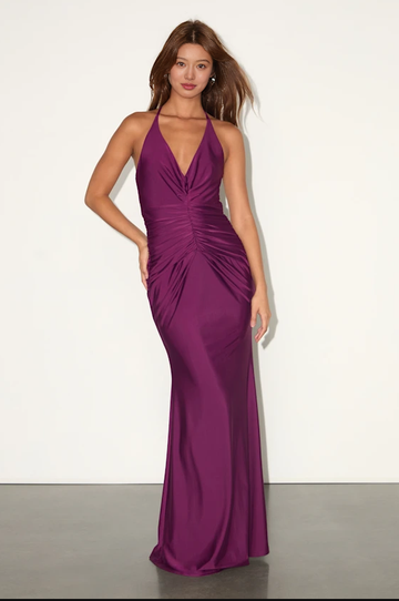 Plum purple halter neck evening dress with deep V front, sleeveless column silhouette, ruched waist, and floor length formal fit by VEDRESS