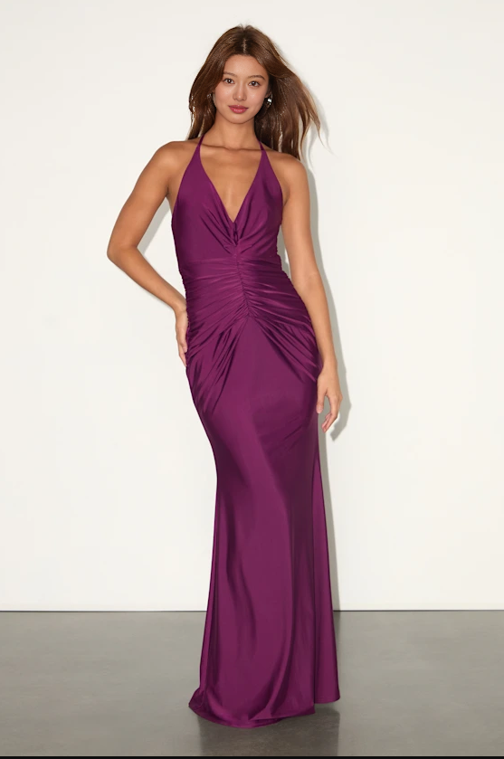 Plum purple halter neck evening dress with deep V front, sleeveless column silhouette, ruched waist, and floor length formal fit by VEDRESS