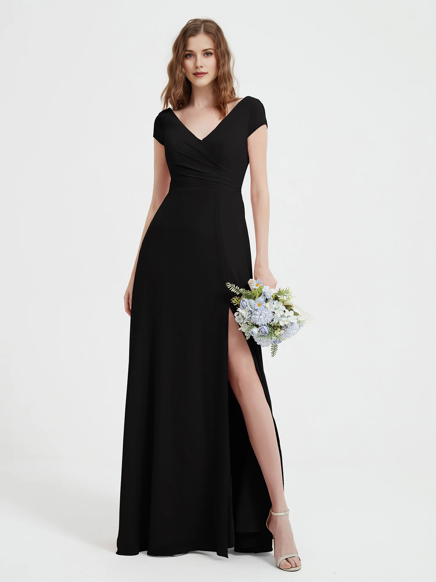 Cap Sleeve V-Neck Wrap Waist High Slit Chiffon Floor-Length Bridesmaid Evening Maxi Dress
