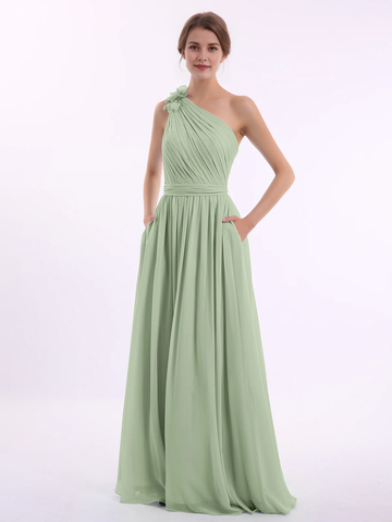 One Shoulder 3D Flower Ruched Chiffon Bridesmaid Maxi Dress with Pockets & Open Back Sash