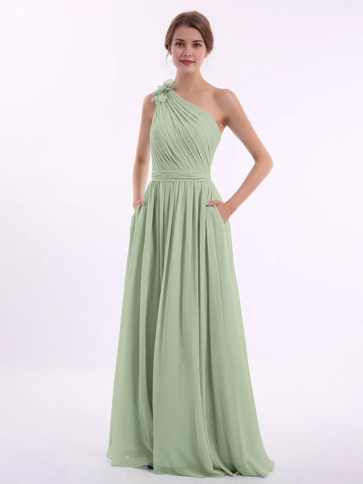 One Shoulder 3D Flower Ruched Chiffon Bridesmaid Maxi Dress with Pockets & Open Back Sash