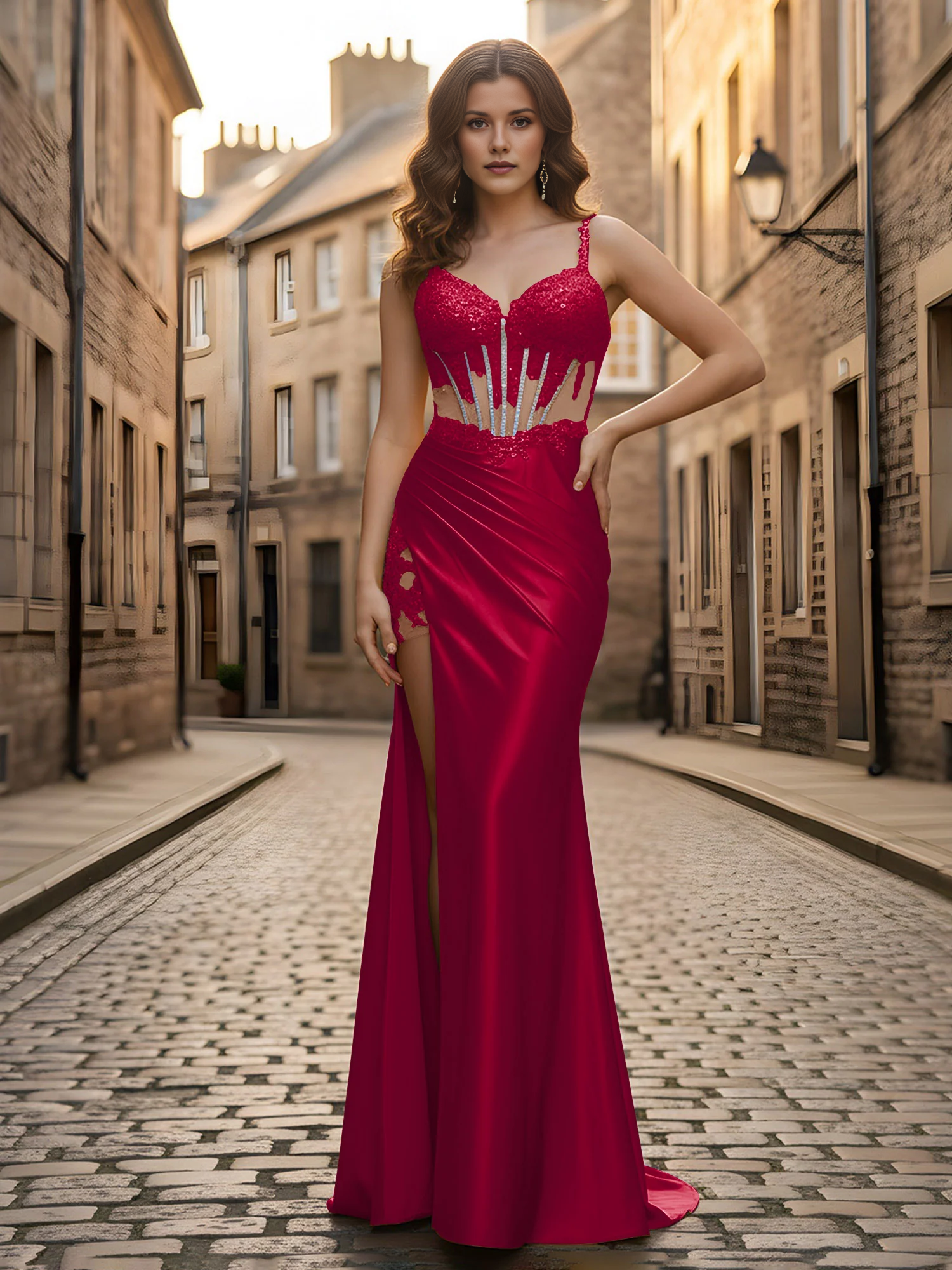 Spaghetti Strap Beaded Corset Satin Mermaid Evening Gown with High Slit