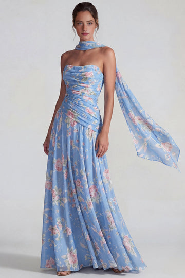 Vedress blue floral strapless flowing maxi wedding guest dress with scarf detail front view