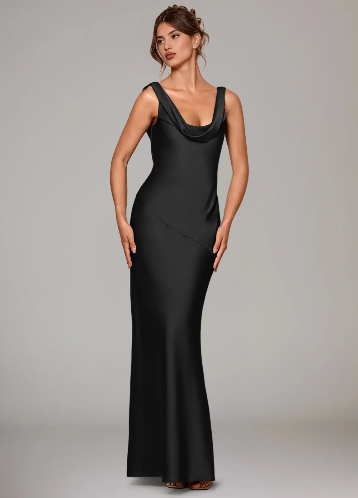 Elegant Mermaid Satin Cowl Neck Long Sleeveless Bridesmaid Dresses with Low Back Detail Evening Gown