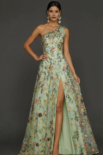 One Shoulder Multicolor Floral Embroidery Tulle A-Line Formal Gown with High Slit