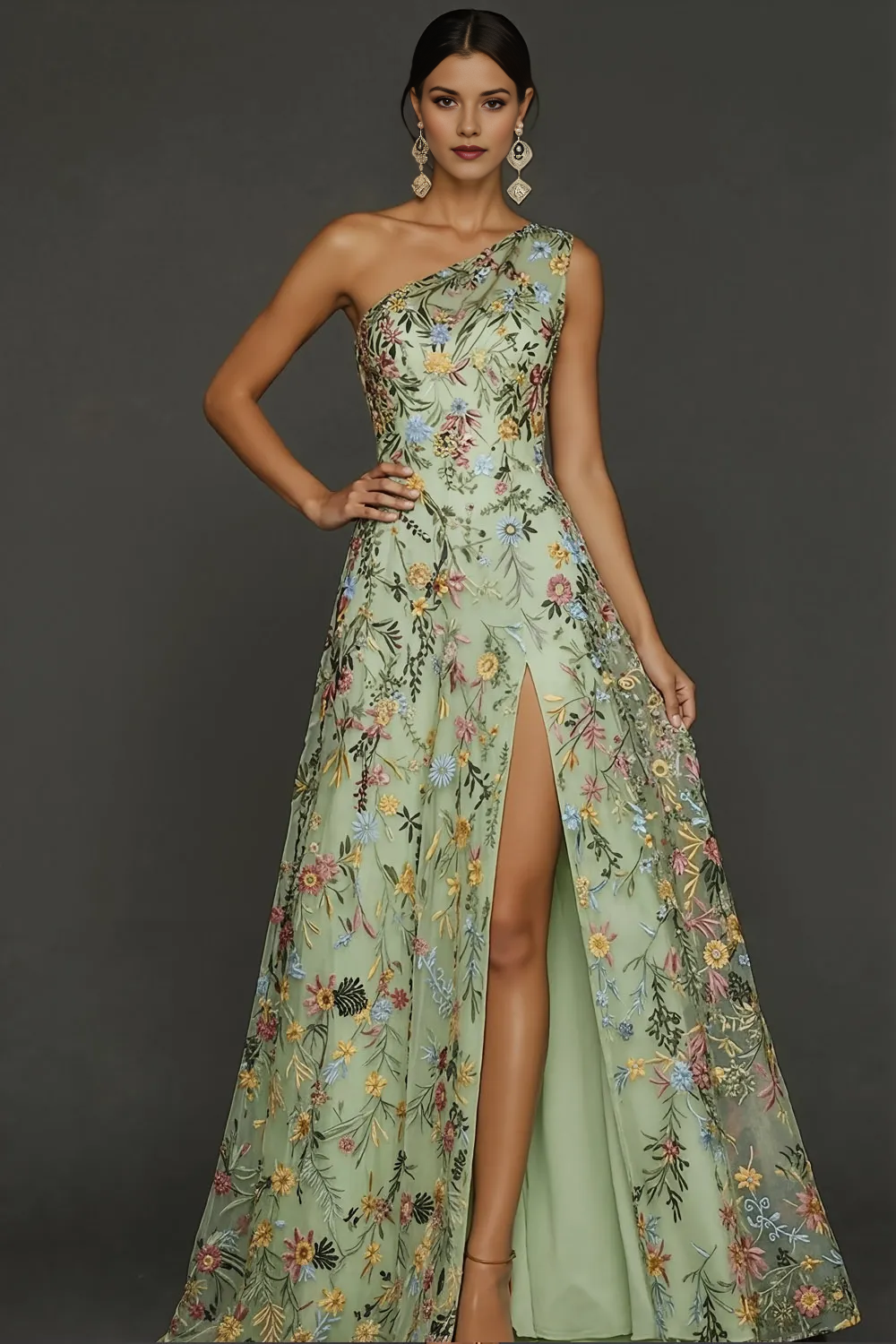 One Shoulder Multicolor Floral Embroidery Tulle A-Line Formal Gown with High Slit