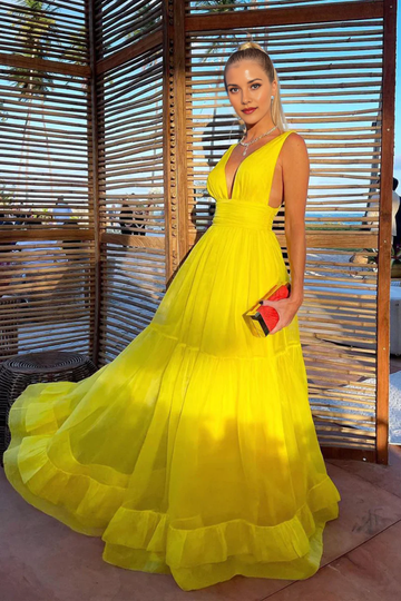 Deep V-Neck Sleeveless Tiered Chiffon Floor-Length Maxi Dress