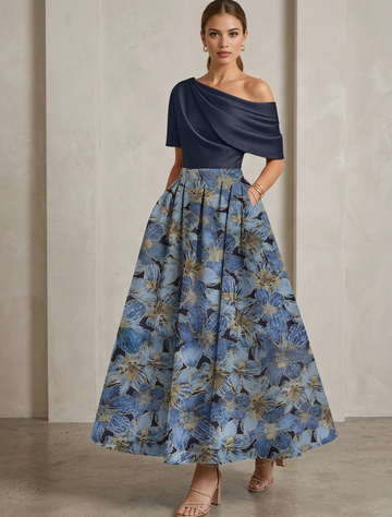 Elegant A-Line Floral Jacquard Mother of the Bride Dresse One Shoulder Short Sleeve Open Back Midi Formal Dress