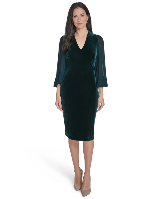 Women's V-Neck Long Sleeve Velvet Maxi Dress with Sheer Chiffon Sleeves Mother of the Bride Dress Evening Gown