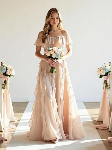 Off-the-Shoulder Ruffled Chiffon Bridesmaid Dress - Floor-Length Formal Evening Gown for Wedding, Prom & Special Occasions
