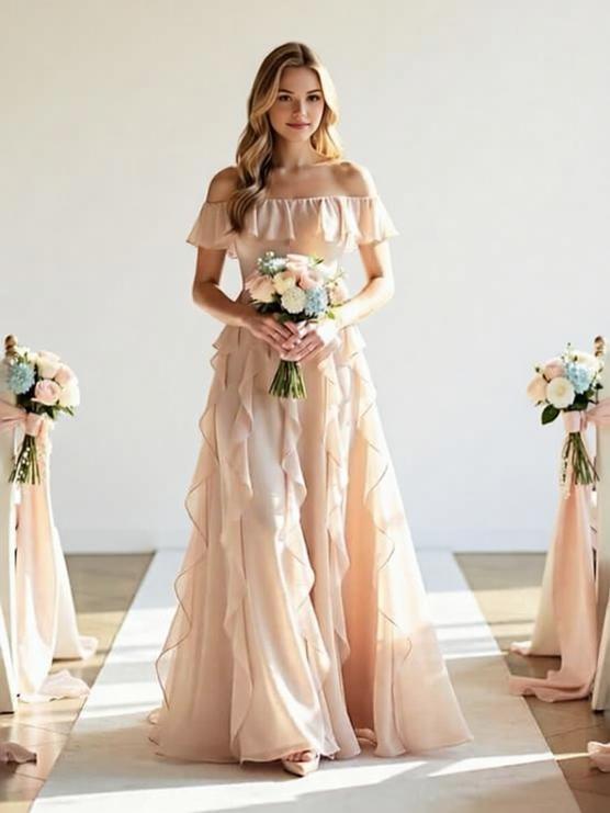 Off-the-Shoulder Ruffled Chiffon Bridesmaid Dress - Floor-Length Formal Evening Gown