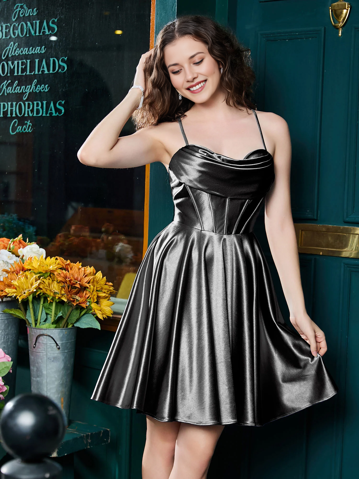 Cowl Neck Corset Boning Spaghetti Strap Lace-Up Back Satin Skater Mini Homecoming Dress