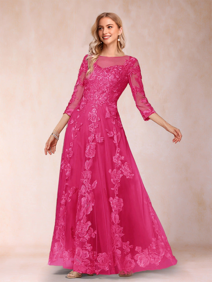 Romantic A‑Line Illusion Round‑Neck 3/4‑Sleeve Keyhole‑Zip‑Back Floor‑Length Mother Of The Bride Dress