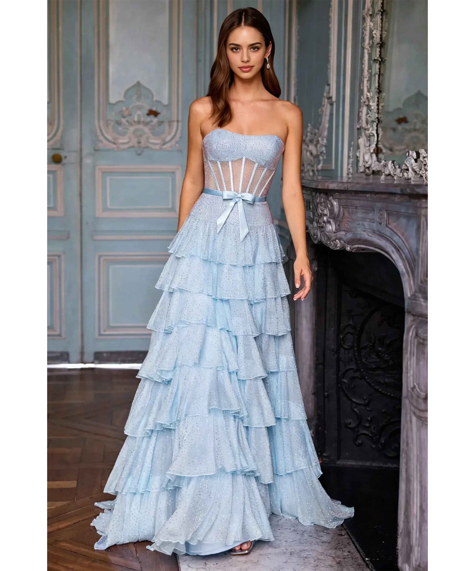 A-Line Princess Ball gown Elegant Tiered Strapless Sleeveless Corset Back Maxi Evening Gown