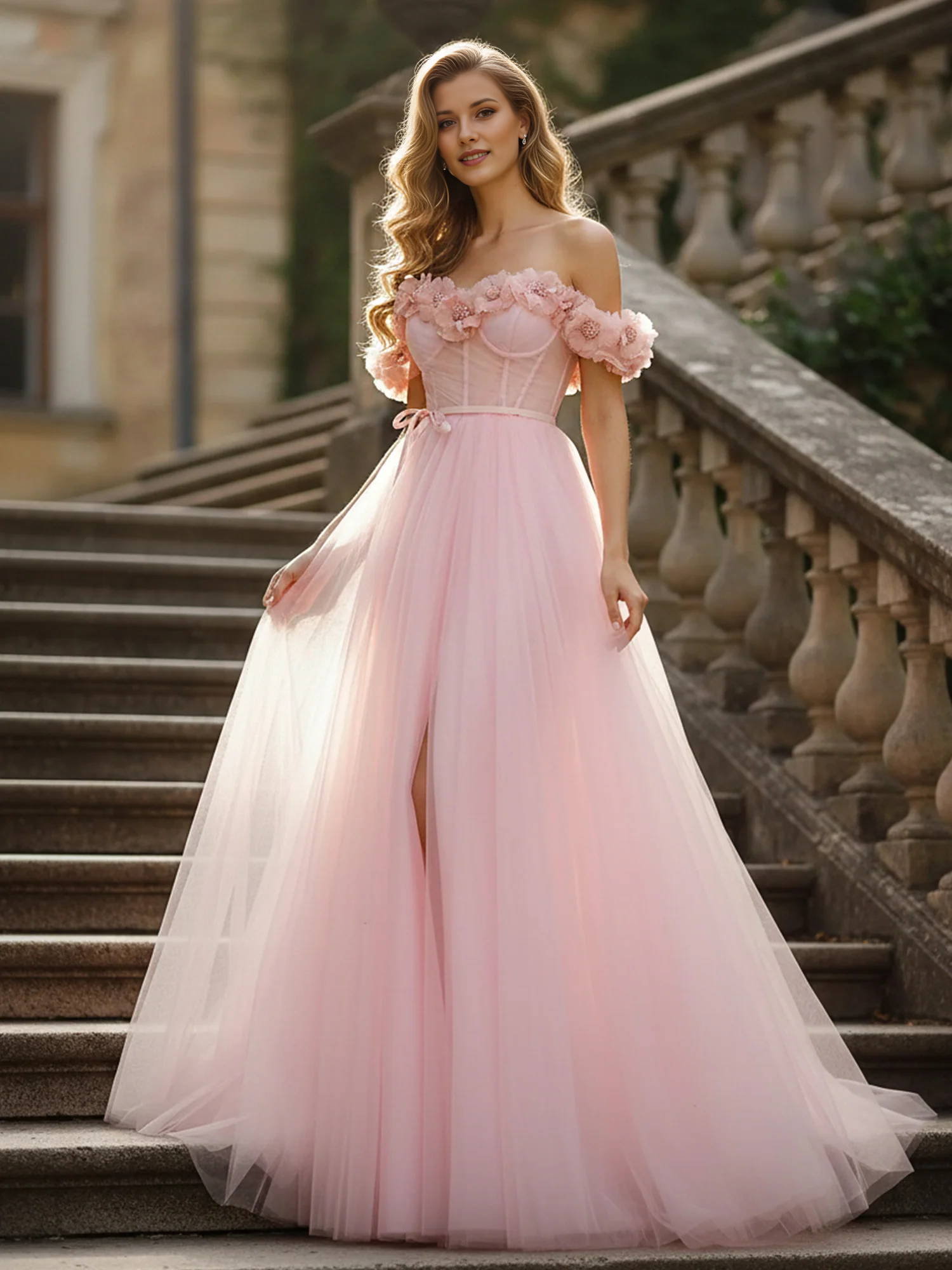 Vestido de fiesta de tul con flores en 3D y escote Bardot con abertura alta - Vestido formal rosa empolvado para invitadas de boda