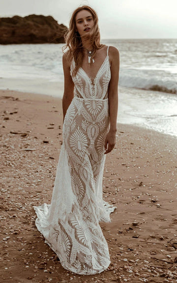 RoselleDress boho palm lace plunging v spaghetti strap mermaid beach wedding dress front seaside shot