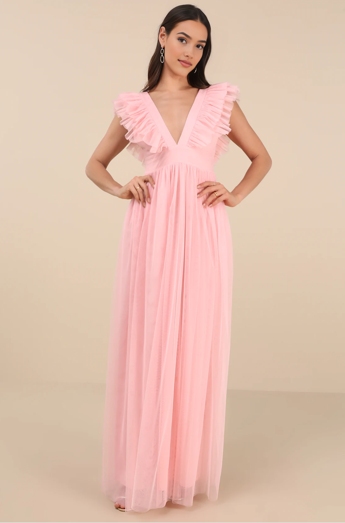 Women's Sleeveless V-Neck Maxi Dress with Ruffled Off-the-Shoulder Flowing Mesh Bridesmaid Dresses