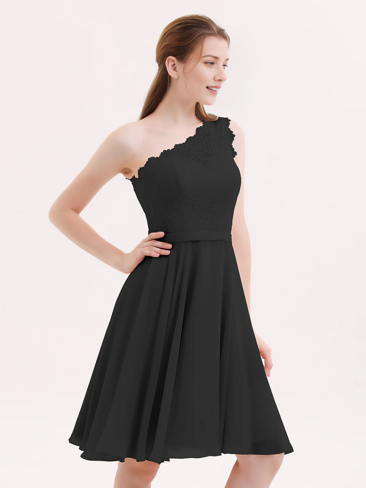 One Shoulder Lace Top A-Line Knee-Length Chiffon Bridesmaid Homecoming Short Dress