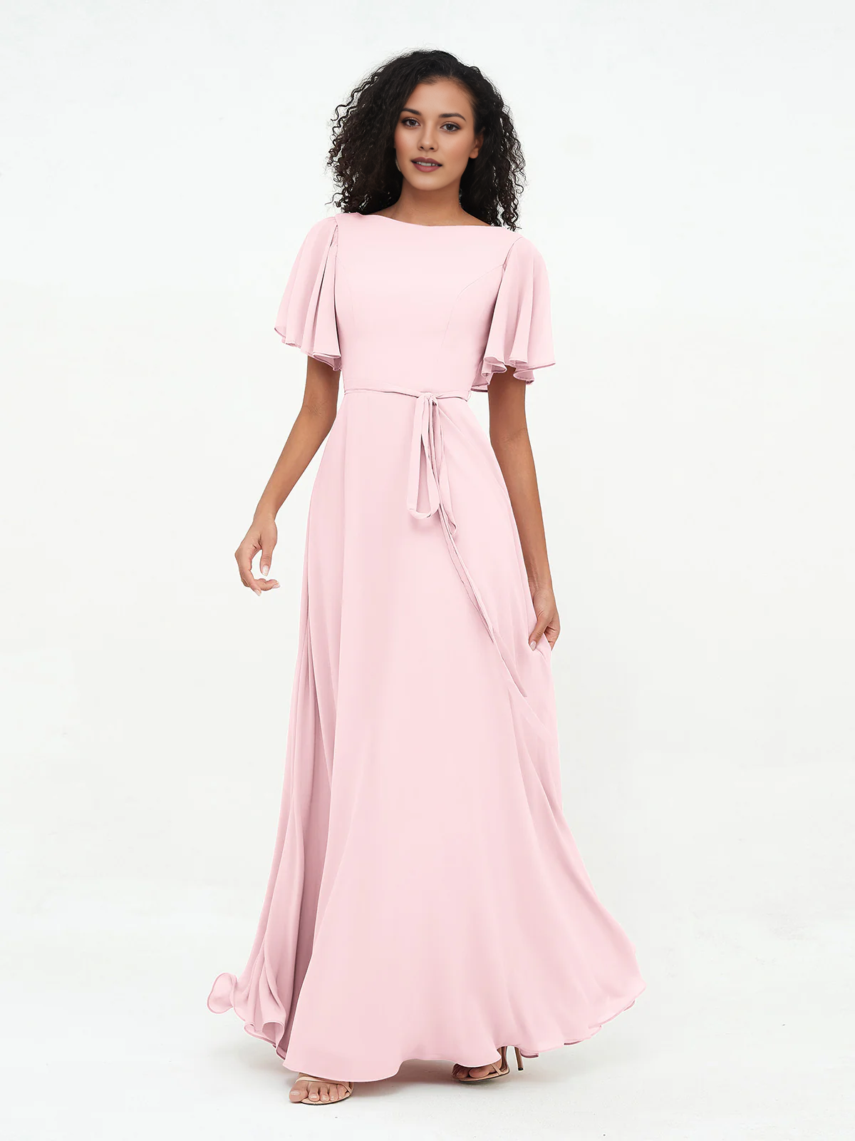 Boat Neck Flutter Sleeve Chiffon Maxi Bridesmaid Dress with Waist Tie