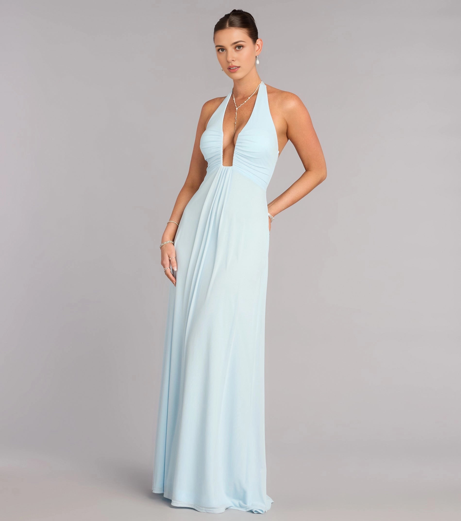 Sage Green A-Line Deep V Halter Tie Back Long Prom Dress