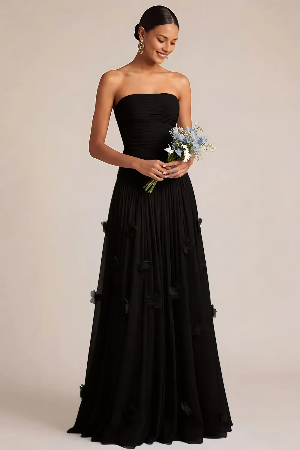 Strapless Ruched Bodice Tulle Gown with 3D Floral Appliqués