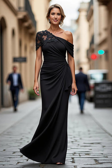 Vedress black one shoulder lace mermaid long wedding guest dress city street shot