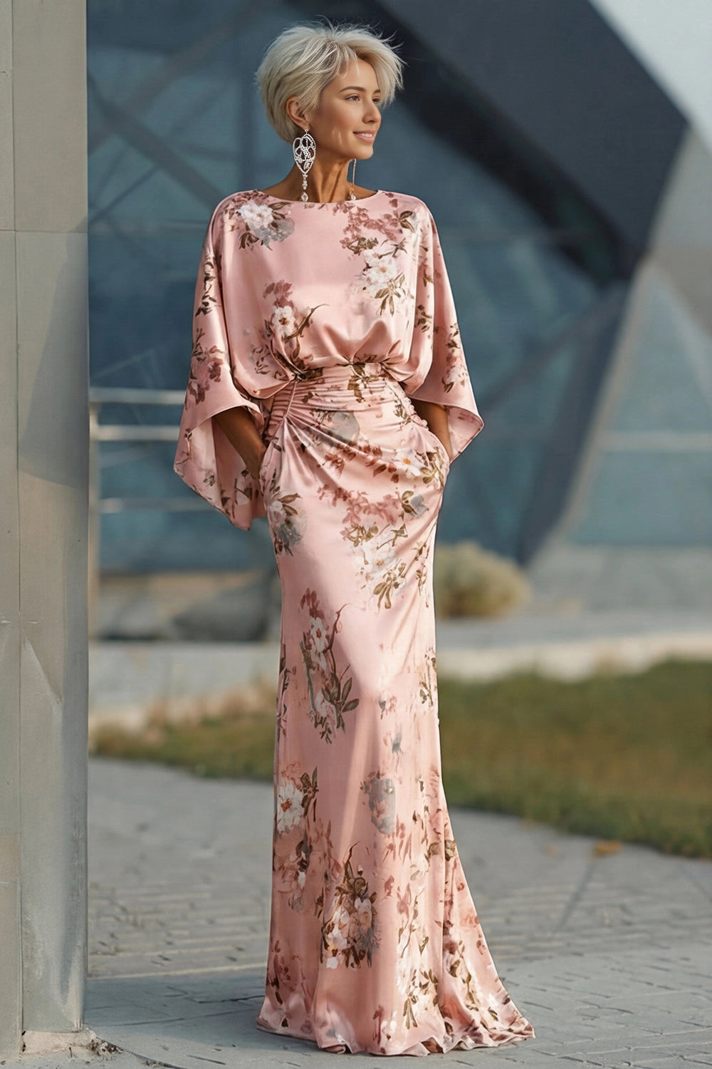 Vedress blush floral satin batwing sleeve mermaid long wedding guest dress outdoor shot