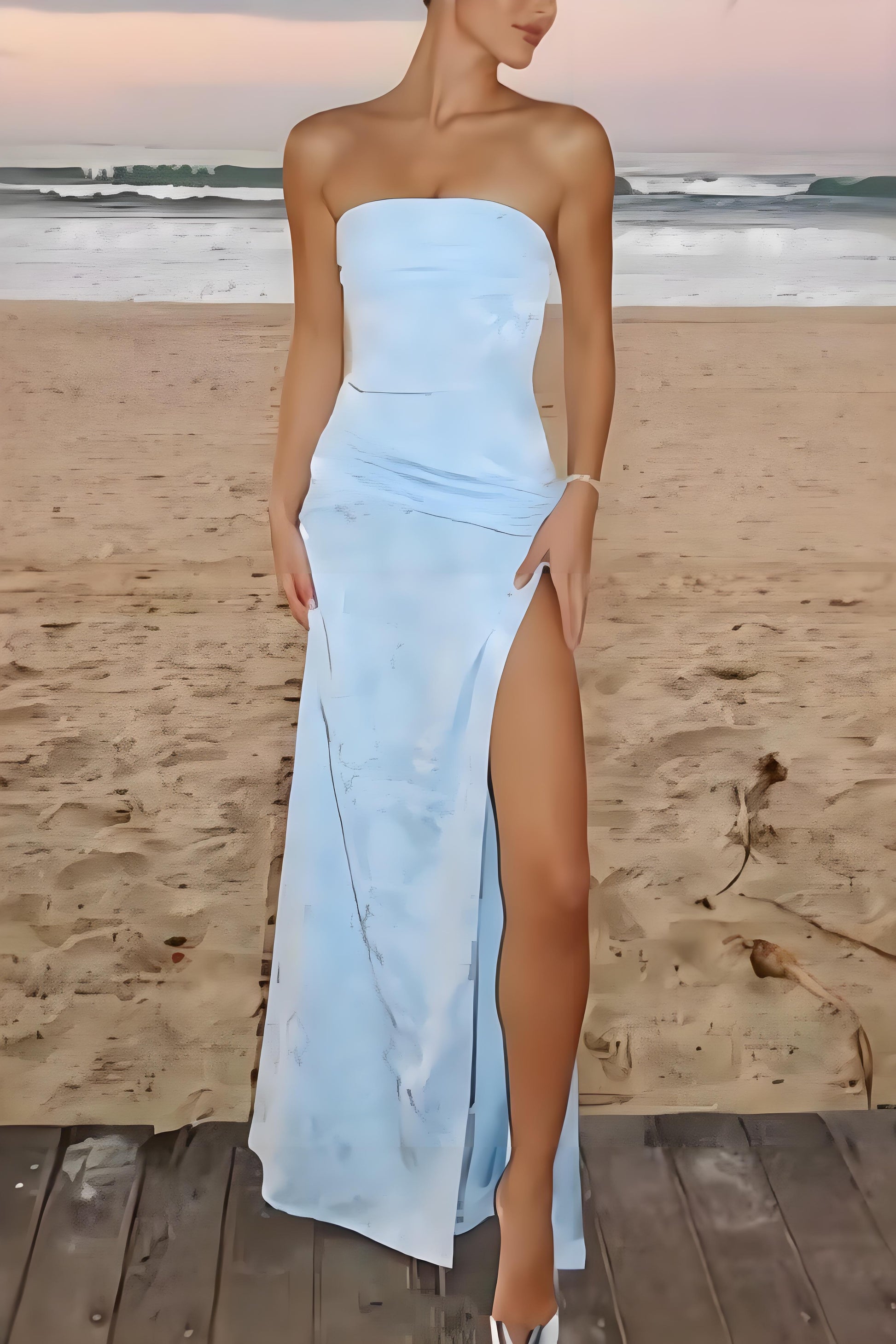 Satin Strapless Tube Maxi Dress Ruched Waist High Side Split Bodycon Evening Party Dress