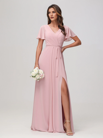Flutter Sleeve Chiffon V-Neck Bridesmaid Dress with Waist Tie & High Slit