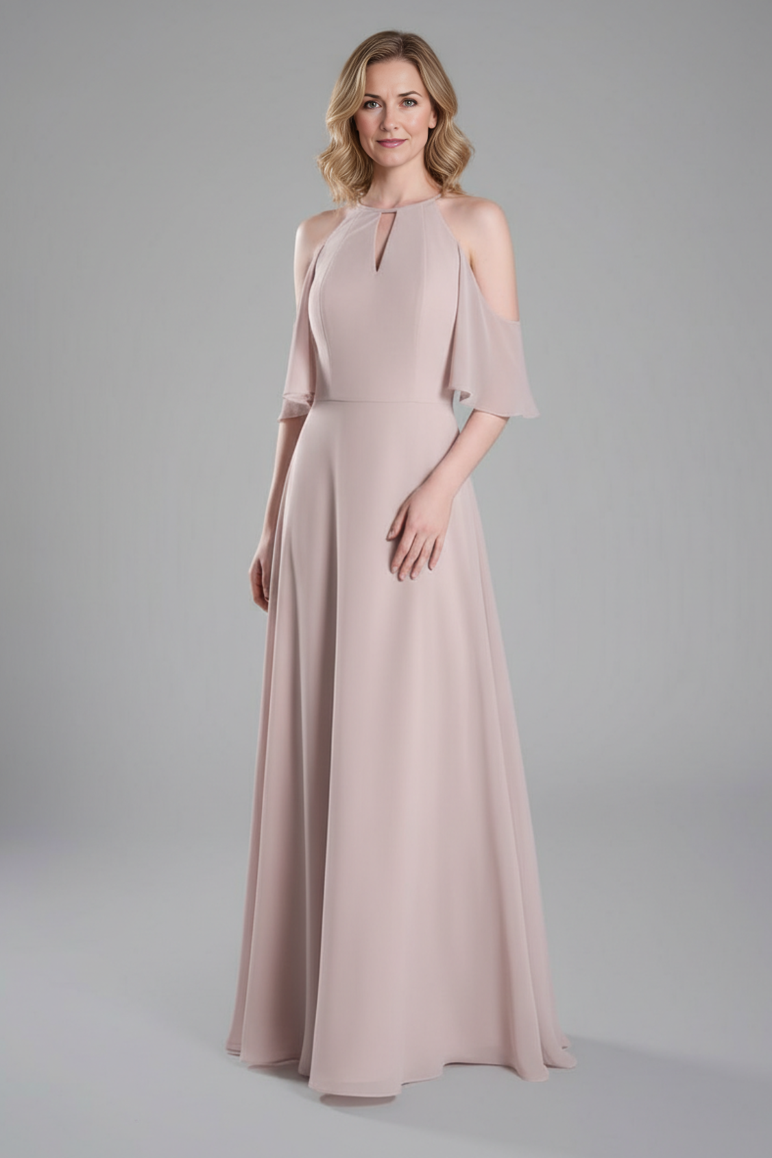 Elegant A-Line Halter Cold Shoulder Short Sleeve Open Back Chiffon Floor-Length Bridesmaid Dresses