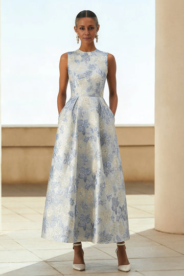 Vedress light blue gold floral jacquard sleeveless crew neck a line midi wedding guest dress with pockets front view