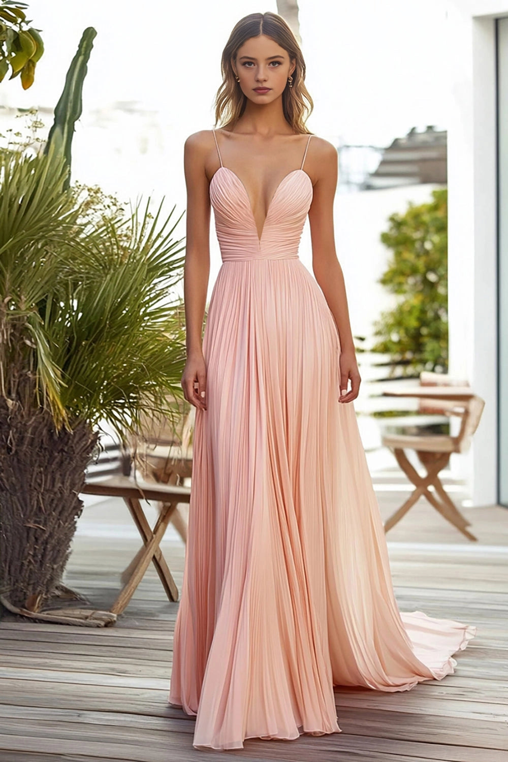 Vedress blush pink pleated chiffon deep v neck train maxi wedding guest dress front view