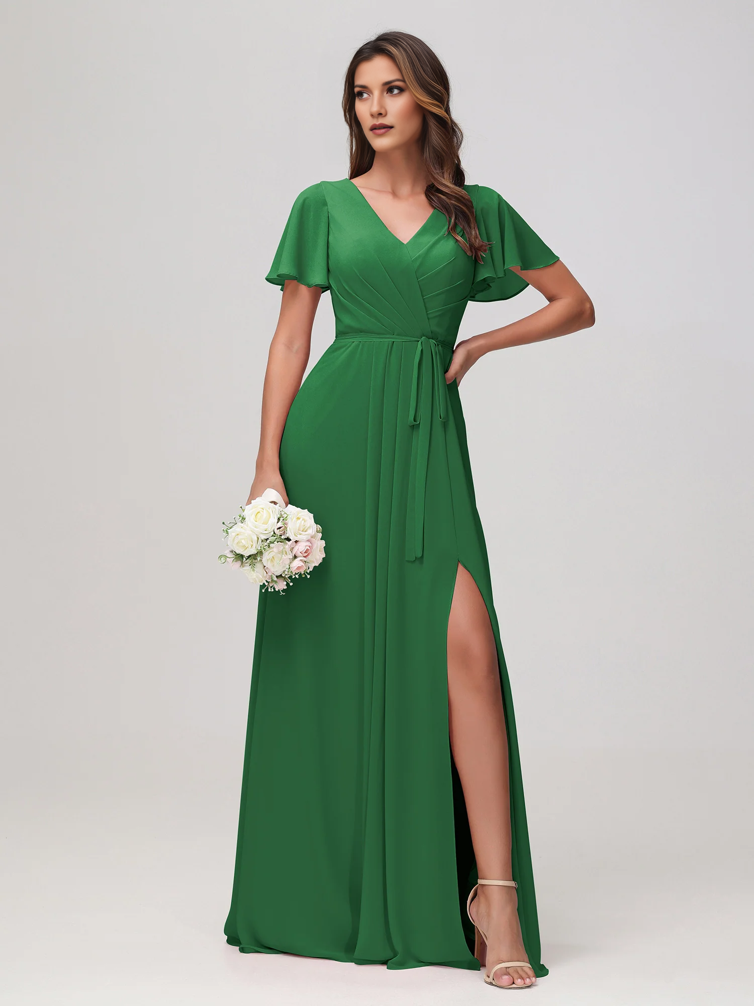 Boat Neck Flutter Sleeve Chiffon A-Line Bridesmaid Maxi Dress with Waist Tie & Pockets