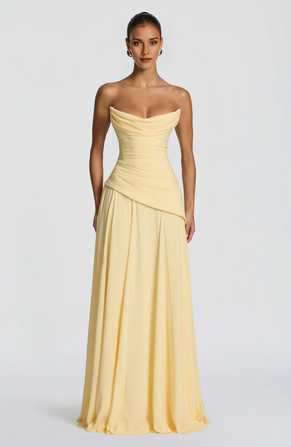 Strapless Cowl Neck Corset Back Chiffon Flowy Floor-Length Evening Dress with Detachable Scarf