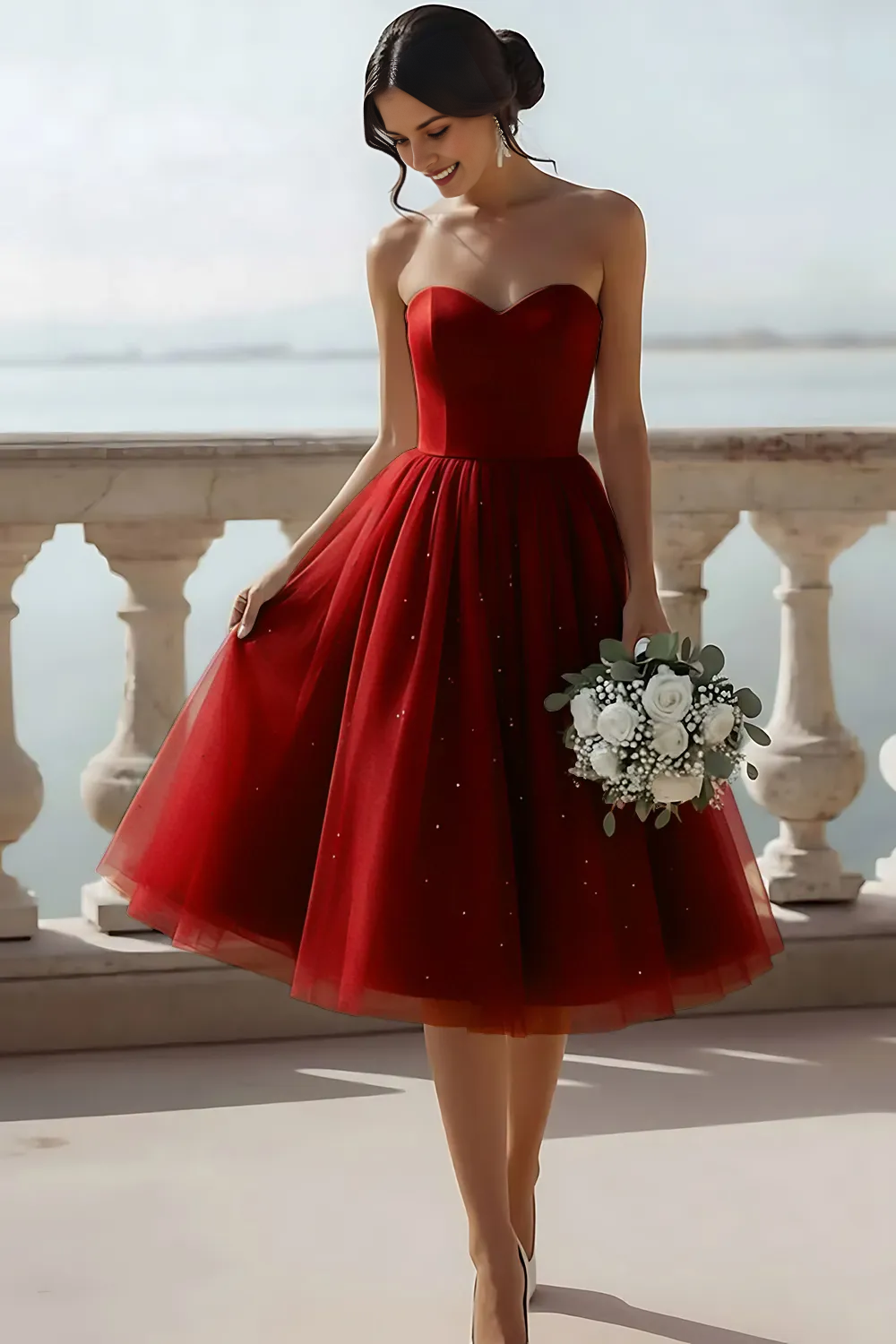 Strapless Sweetheart Corset Tulle Midi Dress with Sparkle Details